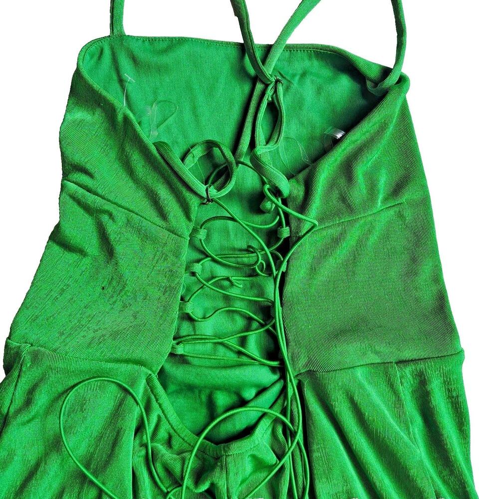 Wild Fable Y2K Vtg Emerald Satin Lace Up Back Midi Dress Side Slit Women's Large - Picture 3 of 15